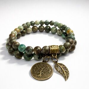 Earthroot Charm: African Turquoise Bracelet Tree of Life and Leaf Bracelet Stack